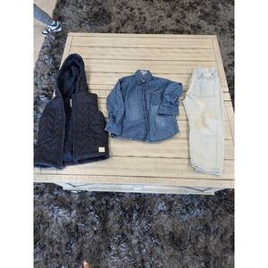 Toddler Boys 3Pc Bundle Quilted Hooded Vest Denim Shirt and Distressed Jeans